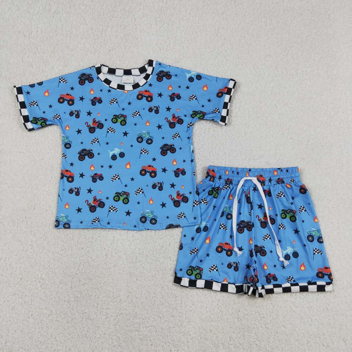 BSSO1641 Monster Truck Flags Blue Print Baby Boys Summer Clothes Set