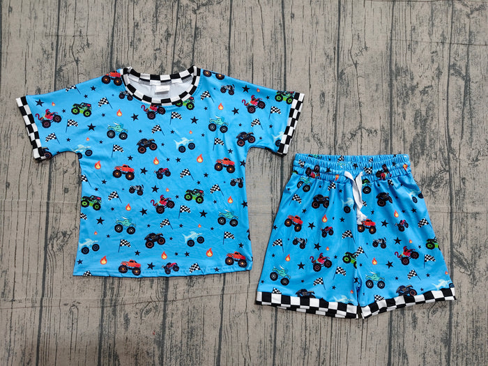 BSSO1641 Monster Truck Flags Blue Print Baby Boys Summer Clothes Set