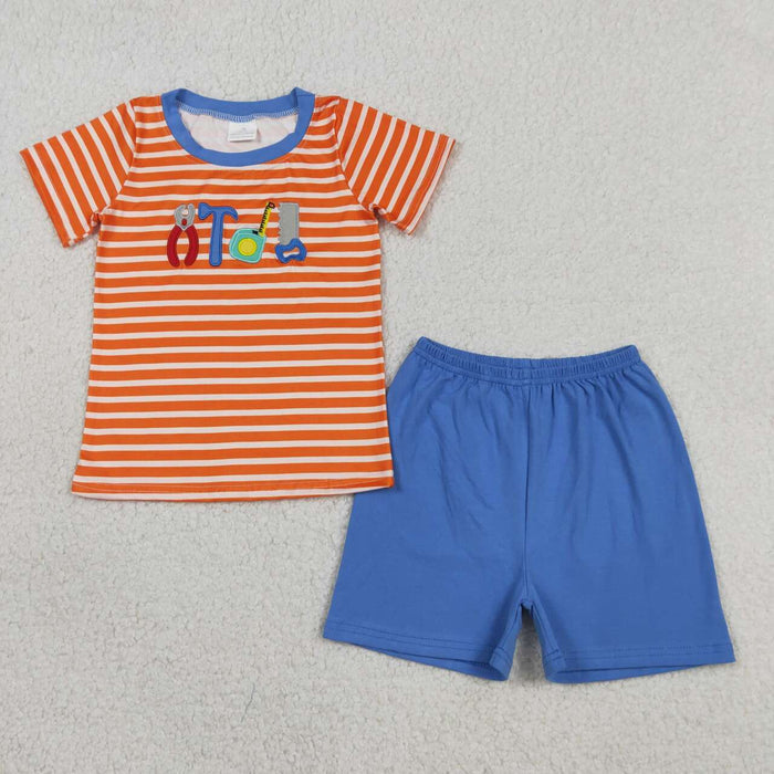 BSSO1851 Tool Embroidery Stripes Top Blue Shorts Boys Summer Clothes Set
