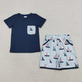 BSSO1855 Navy Pocket Top Sailboat Pockets Shorts Boys Summer Clothes Set