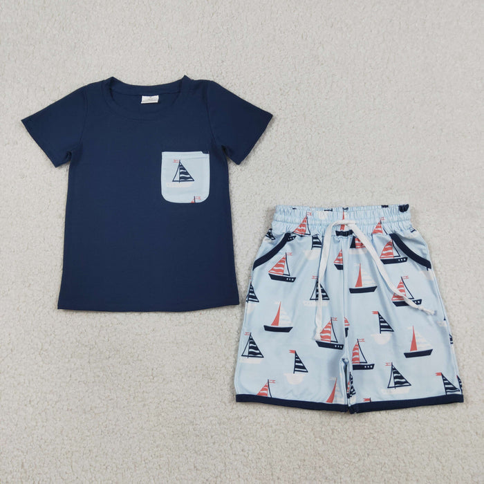 BSSO1855 Navy Pocket Top Sailboat Pockets Shorts Boys Summer Clothes Set