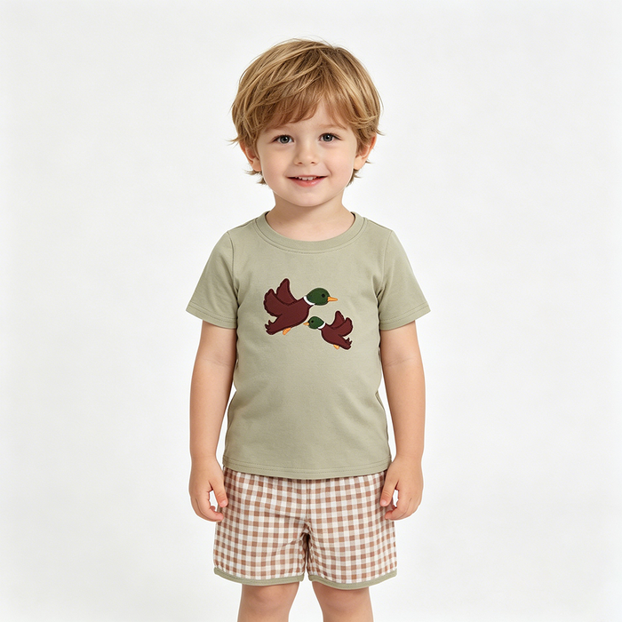 BSSO1867 Duck Embroidery Green Top Plaid Shorts Boys Summer Clothes Set