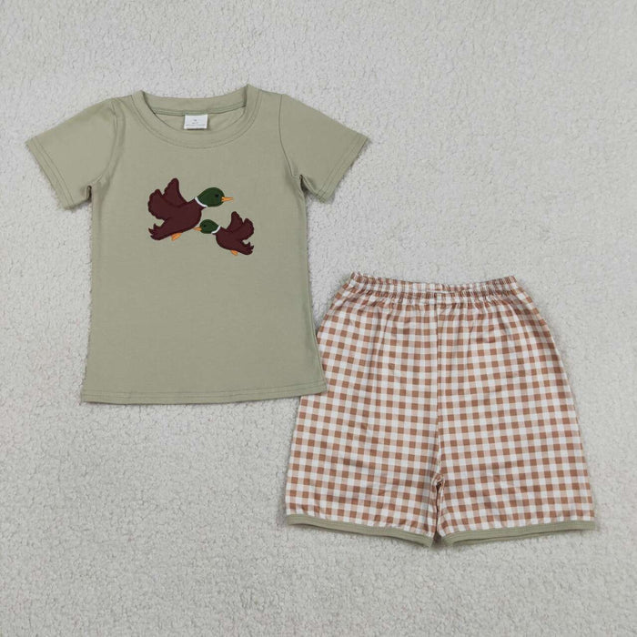 BSSO1867 Duck Embroidery Green Top Plaid Shorts Boys Summer Clothes Set