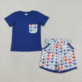 BSSO1874 Blue Pocket Top Anchor Shorts Boys 4th of July Clothes Set