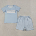 BSSO1876 Boys’ “MAMA’S BOY” Blue Short Sleeve Top & Striped Shorts Set