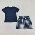 BSSO1882 Navy Top Plaid Pockets Shorts Boys Summer Clothes Set