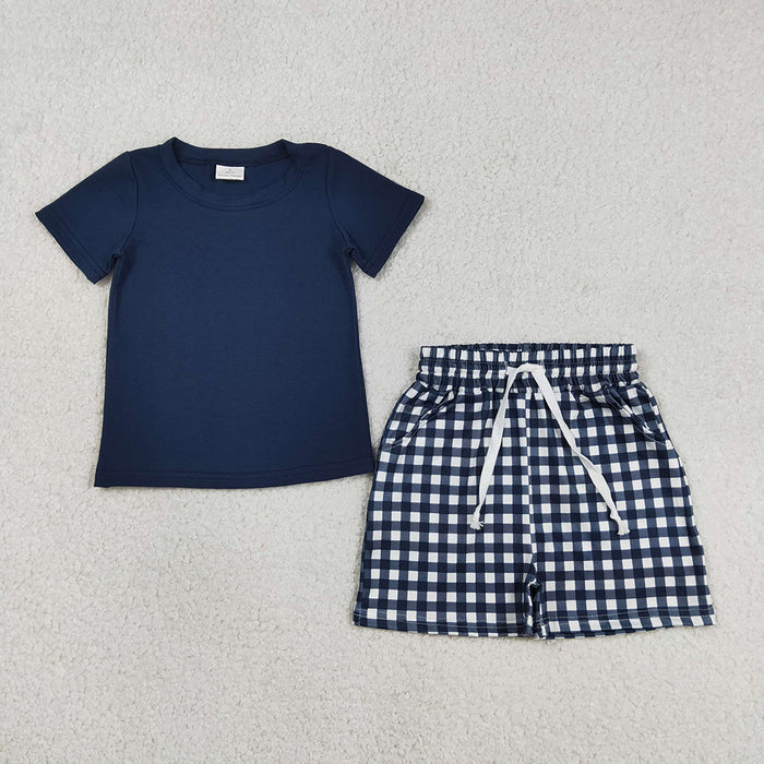 BSSO1882 Navy Top Plaid Pockets Shorts Boys Summer Clothes Set
