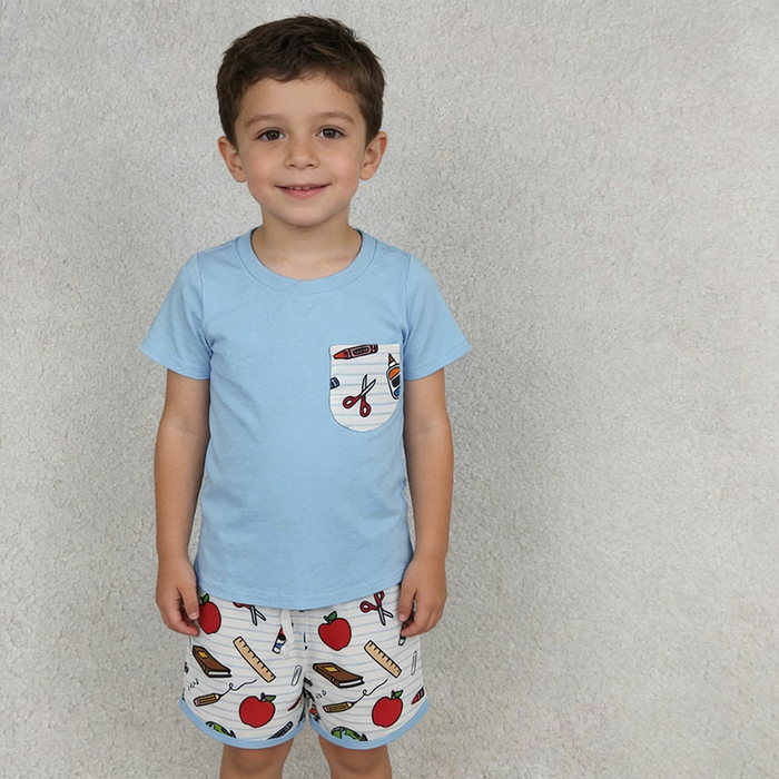 BSSO1921 Blue Pocket Tee & Pen Apple Stripes Shorts Set – Boys’