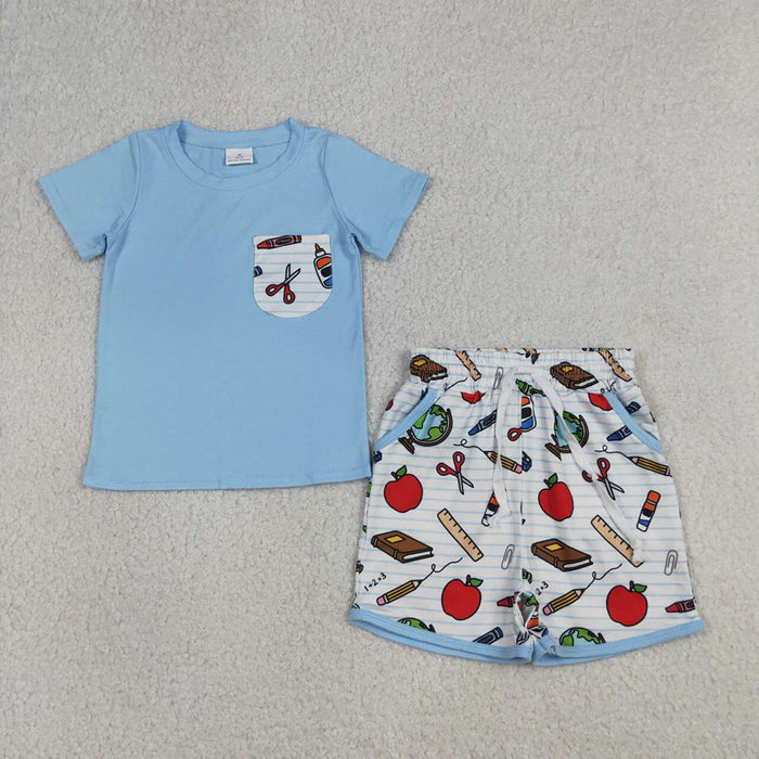 BSSO1921 Blue Pocket Tee & Pen Apple Stripes Shorts Set – Boys’