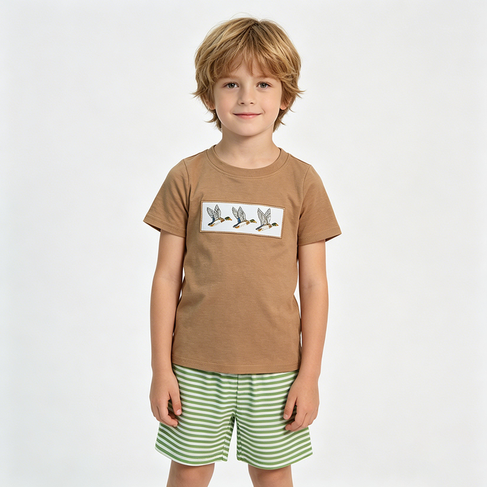 BSSO1947 Duck Embroidery Brown Top Stripes Shorts Boys Summer Clothes Set