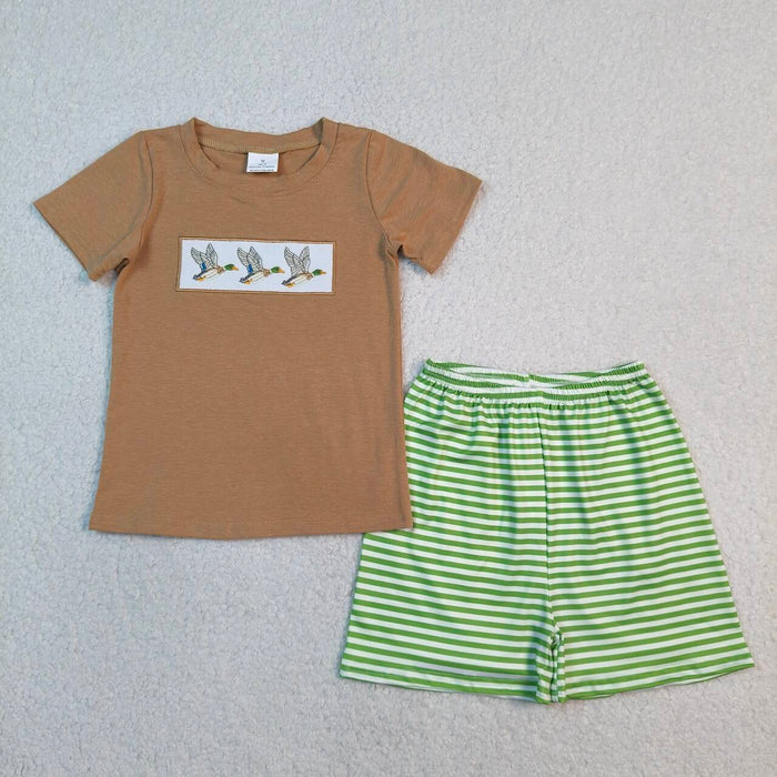 BSSO1947 Duck Embroidery Brown Top Stripes Shorts Boys Summer Clothes Set