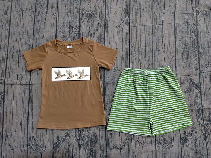 BSSO1947 Duck Embroidery Brown Top Stripes Shorts Boys Summer Clothes Set