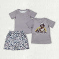 BSSO1988 Dog Grey Top Camo Pockets Shorts Boys Summer Clothes Set