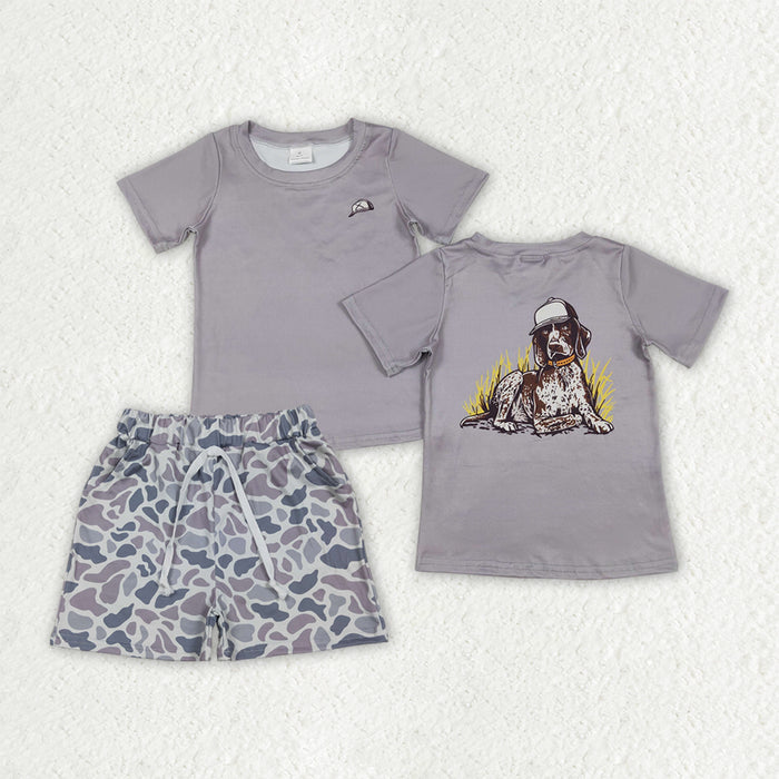 BSSO1988 Dog Grey Top Camo Pockets Shorts Boys Summer Clothes Set