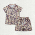 BSSO1996 Brown Camo Print Polo Top Pockets Shorts Boys Summer Clothes Set
