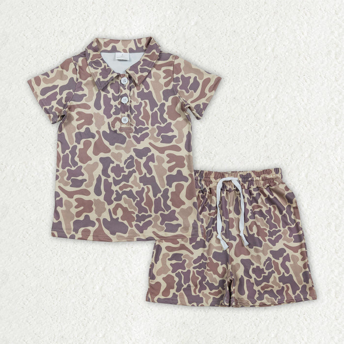 BSSO1996 Brown Camo Print Polo Top Pockets Shorts Boys Summer Clothes Set
