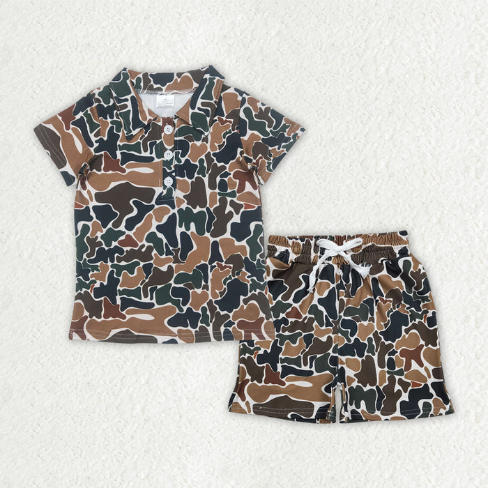 BSSO1998 Brown Camo Print Polo Top Pockets Shorts Boys Summer Clothes Set
