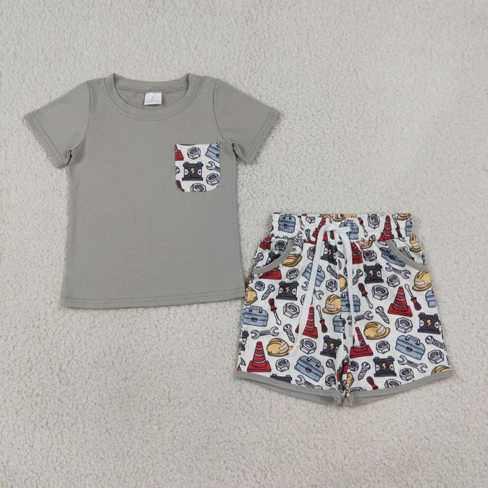 BSSO2005 Grey Pocket Top Tool Shorts Boys Summer Clothes Set