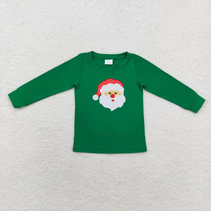 BT0790 Santa Embroidery Green Cotton Boys Christmas Tee Shirts Top