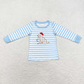 BT0791 Dog Lights Embroidery Blue Stripes Boys Christmas Tee Shirts Top