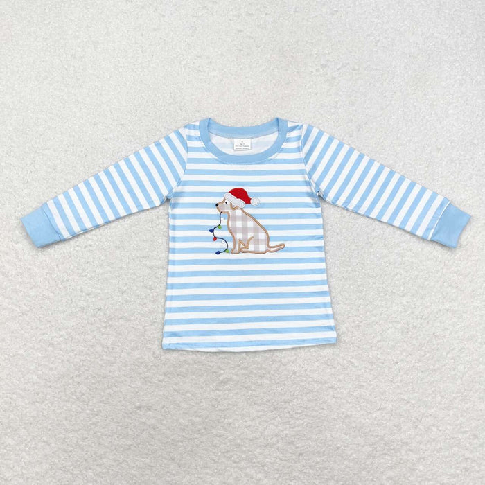 BT0791 Dog Lights Embroidery Blue Stripes Boys Christmas Tee Shirts Top