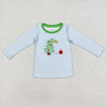 BT0809 Tree Embroidery Blue Stripes Boys Christmas Tee Shirts Top