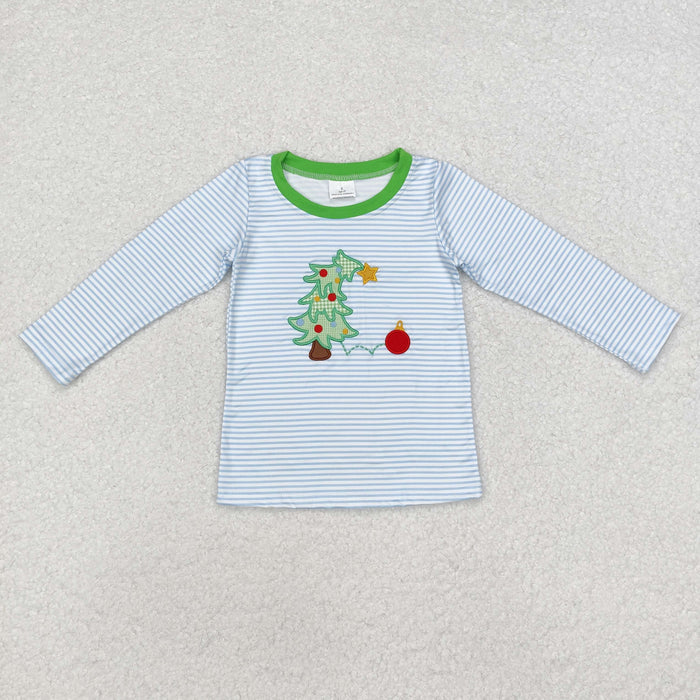 BT0809 Tree Embroidery Blue Stripes Boys Christmas Tee Shirts Top