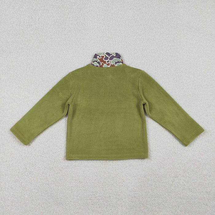 BT1308  Camo Green Print Kids Thick Sherpa Zipper Pullover Top