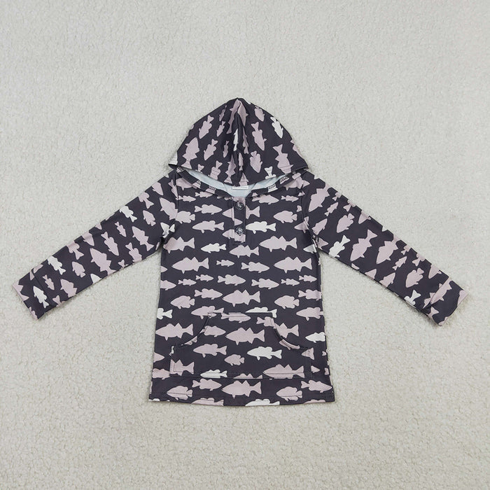 BT1545 Boys’ Fish Print Hooded Button-Long Sleeve Top