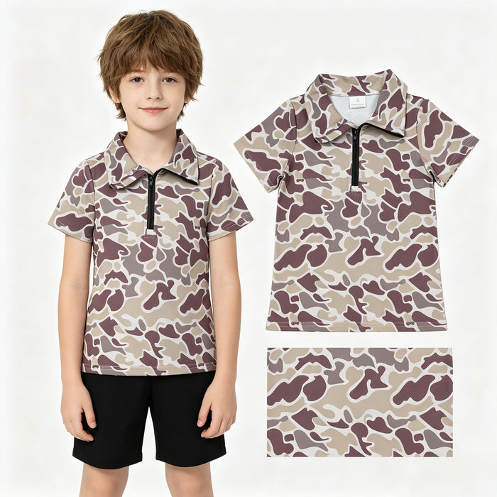 BT1727 Dark Brown Camo Boys Summer Zipper Pullover Top