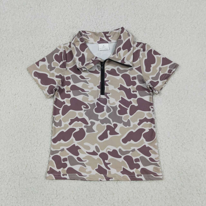 BT1727 Dark Brown Camo Boys Summer Zipper Pullover Top