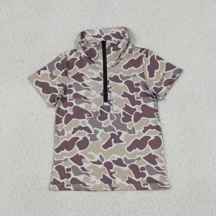 BT1727 Dark Brown Camo Boys Summer Zipper Pullover Top