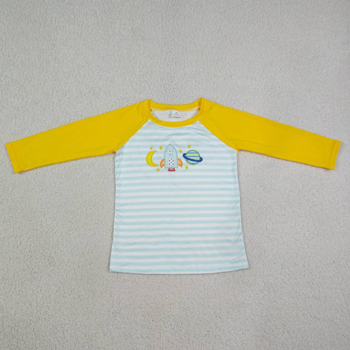 BT1831 Space Cosmic Embroidery Stripe Boys Raglan Sleeve Tee Shirts Top
