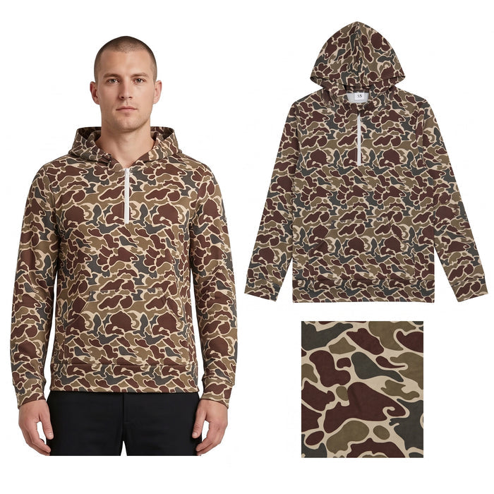 BT1872 Adult Dark Brown Camo Long Sleeve Pocket Half Zipper Hoodie Top