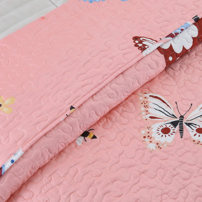Butterflies Flutter Pink Girl Print Reversible Quilt Bedding Set