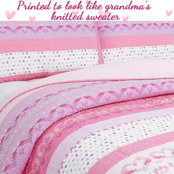Butterfly Fairisle Pink Purple Striped Sweater Print Cotton Reversible Quilt Bedding Set