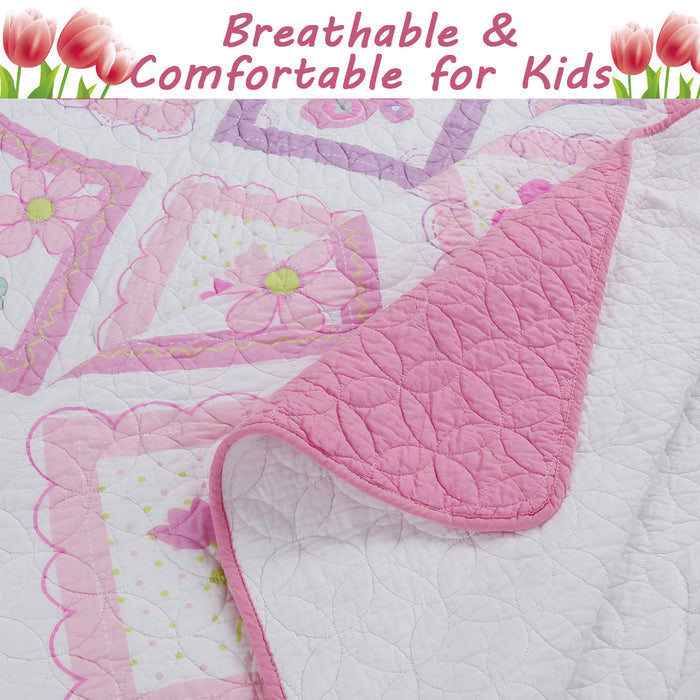 Butterfly Flower Pink Print Patchwork Twin Cotton Reversible Quilt Bedding Set