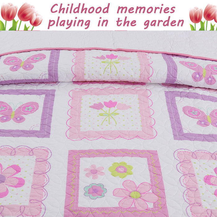 Butterfly Flower Pink Print Patchwork Twin Cotton Reversible Quilt Bedding Set