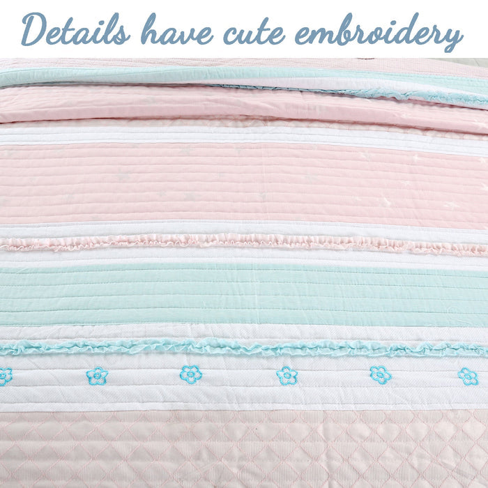 Candy Light Pink Blue Ruffle Floral Stripe Real Patchwork Girl Cotton Reversible Quilt Bedding Set