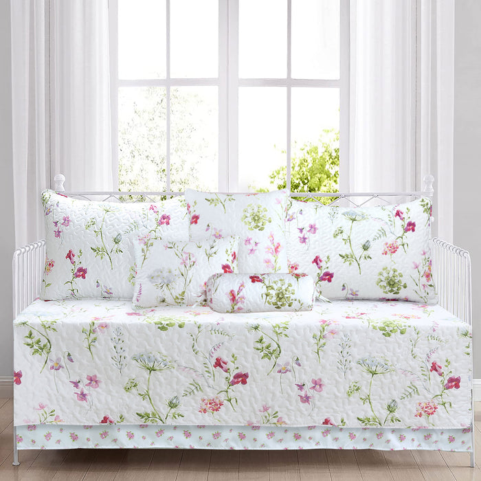 Carlotta Light Pink Blue Floral Print Microfiber Reversible DayBed Quilted Bedding Set