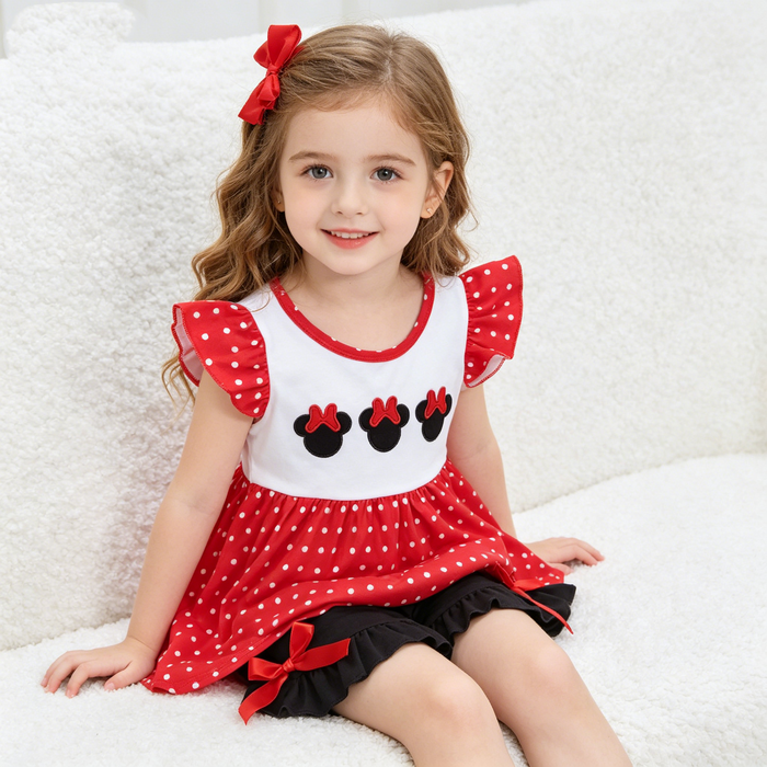 Cartoon Mouse Embroidery Polka Dot Toddler Girl Outfit - Red Ruffle Top & Black Ruffle Shorts Set