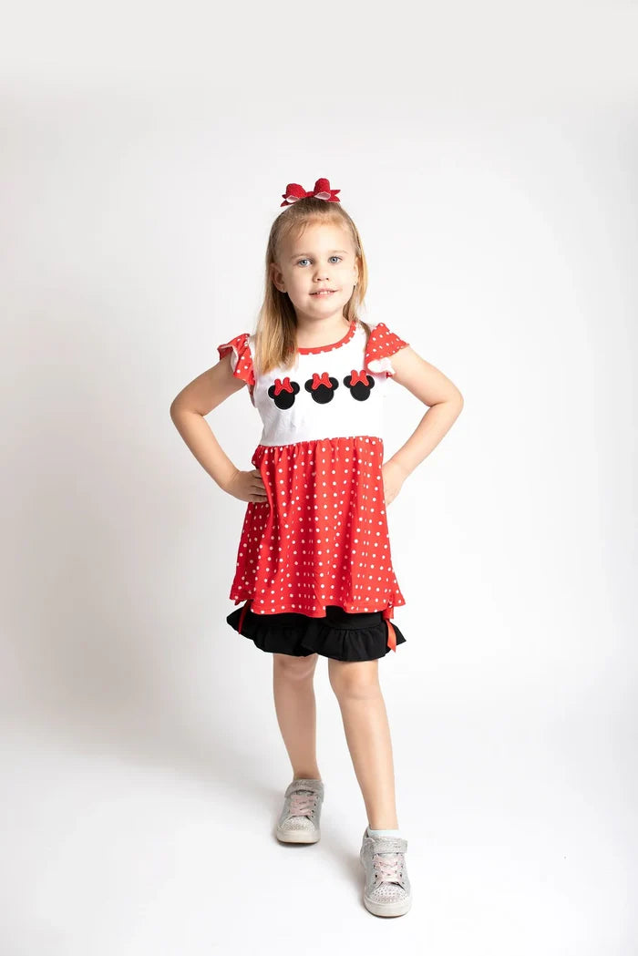 Cartoon Mouse Embroidery Polka Dot Toddler Girl Outfit - Red Ruffle Top & Black Ruffle Shorts Set
