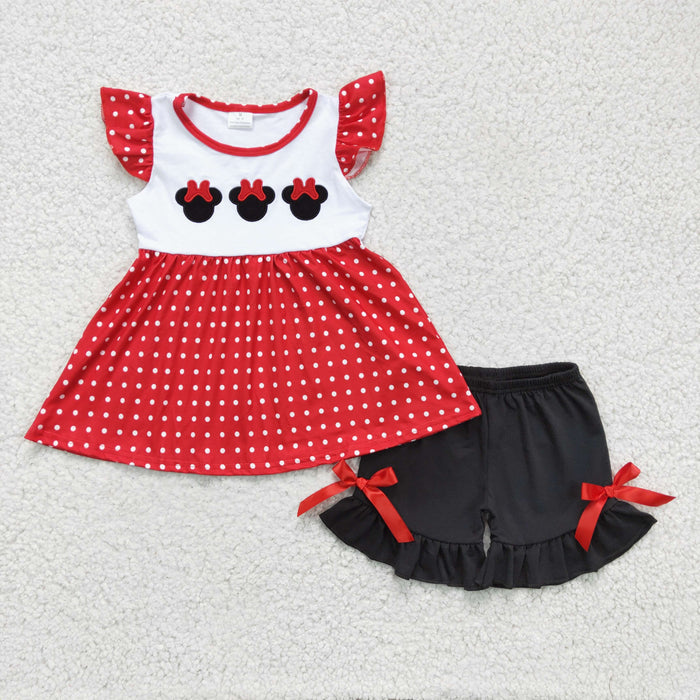 Cartoon Mouse Embroidery Polka Dot Toddler Girl Outfit - Red Ruffle Top & Black Ruffle Shorts Set