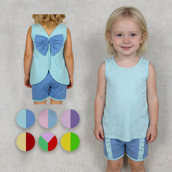 Cartoon Princess Cotton Bow Backless Sleeveless Top & Ruffled Shorts Girls Outfits Sisters Wear