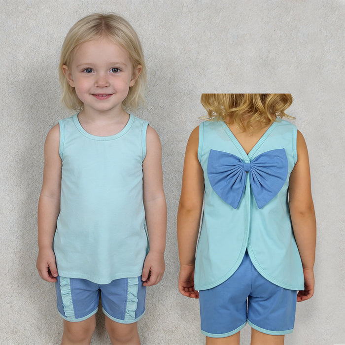 Cartoon Princess Cotton Bow Backless Sleeveless Top & Ruffled Shorts Girls Outfits Sisters Wear