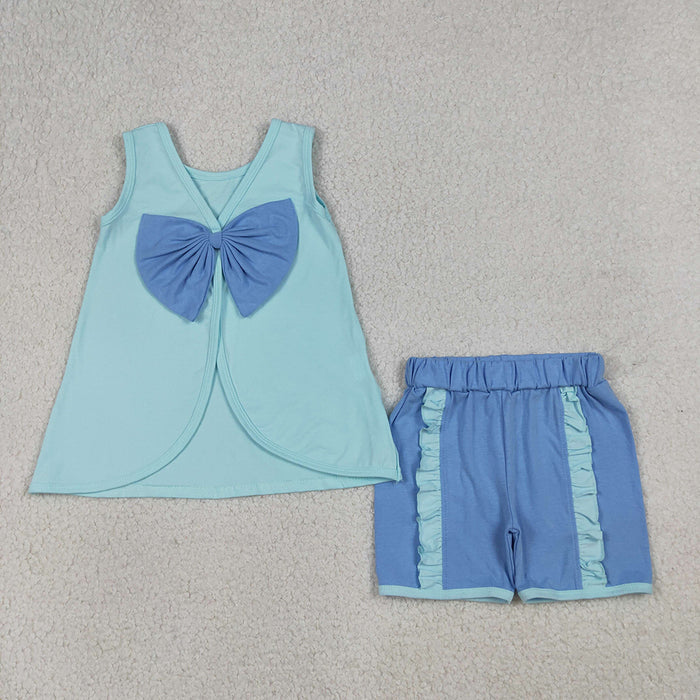 Cartoon Princess Cotton Bow Backless Sleeveless Top & Ruffled Shorts Girls Outfits Sisters Wear