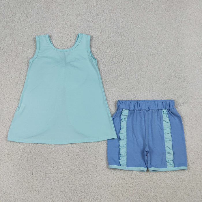 Cartoon Princess Cotton Bow Backless Sleeveless Top & Ruffled Shorts Girls Outfits Sisters Wear