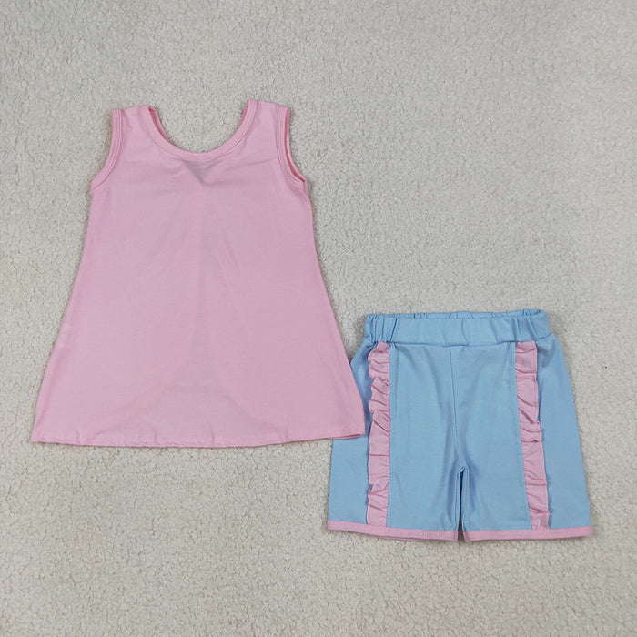Cartoon Princess Cotton Bow Backless Sleeveless Top & Ruffled Shorts Girls Outfits Sisters Wear