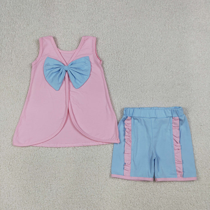 Cartoon Princess Cotton Bow Backless Sleeveless Top & Ruffled Shorts Girls Outfits Sisters Wear