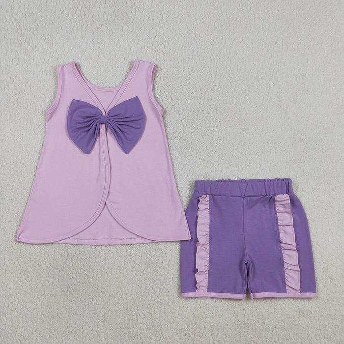 Cartoon Princess Cotton Bow Backless Sleeveless Top & Ruffled Shorts Girls Outfits Sisters Wear